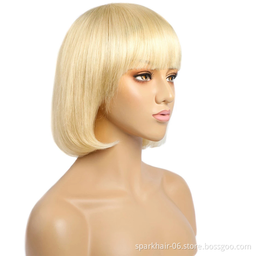 Brazilian Short Human Hair Wigs for Black Women 613Blonde Remy Glueless Short Bob Curly Human Hair Wigs With Bangs Pixie Cut Wig